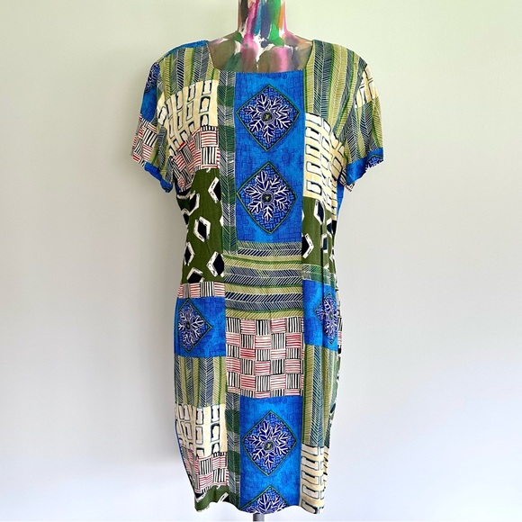 🌎VINTAGE Abstract Graphic Boho Print Blue Green Dress - Picture 1 of 8